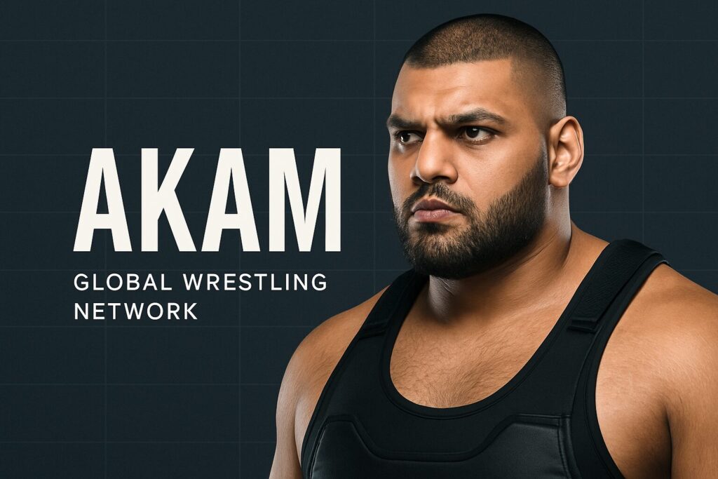 Bearded wrestler in black singlet beside AKAM