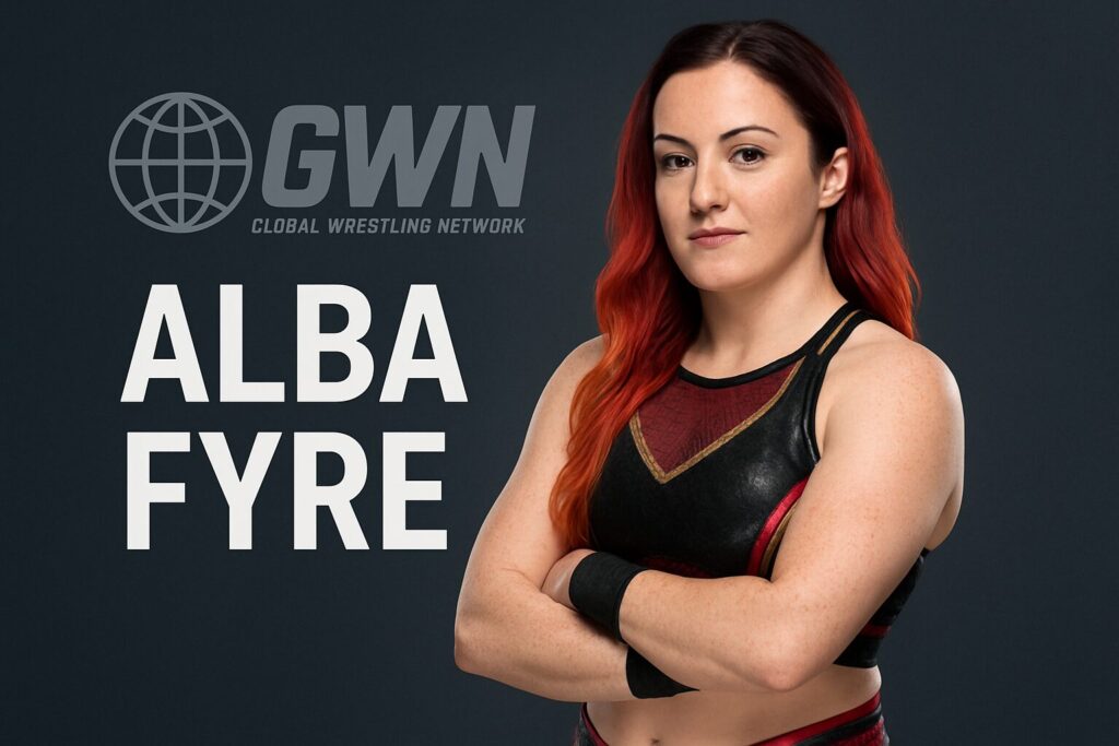 Female wrestler with red hair, arms crossed