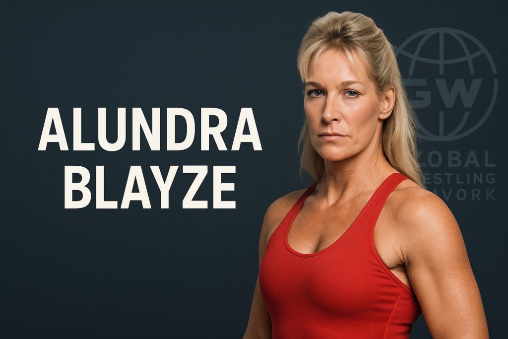 Muscular blonde woman in red tank top