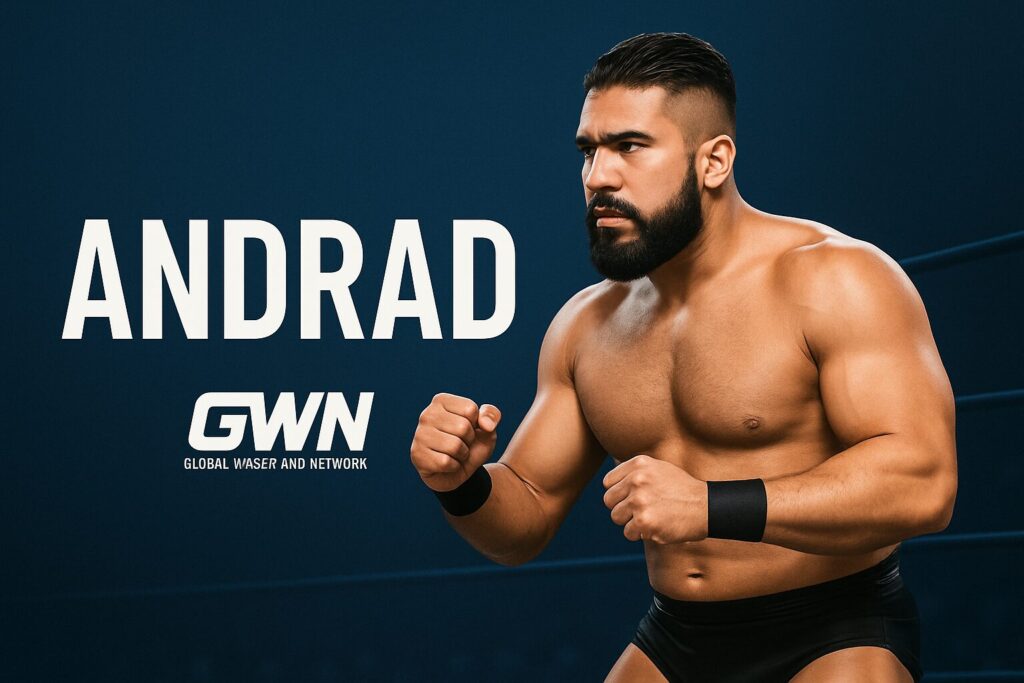 Muscular bearded wrestler in fighting stance.
