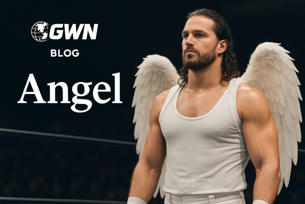 Muscular man with angel wings, Angel text