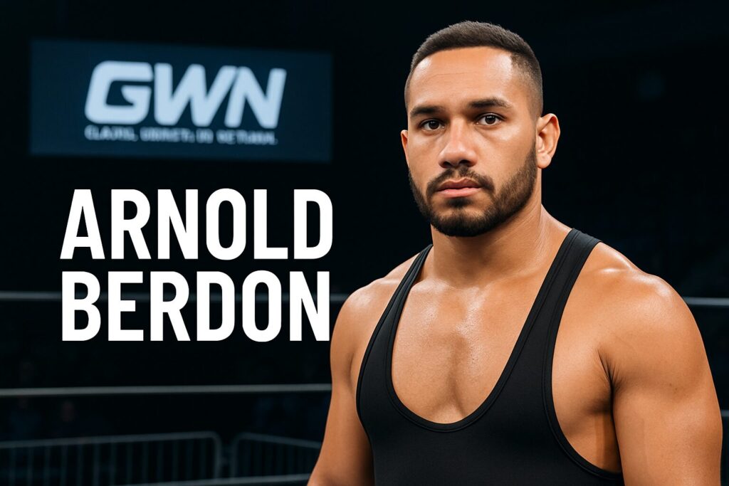 Muscular male wrestler in black singlet