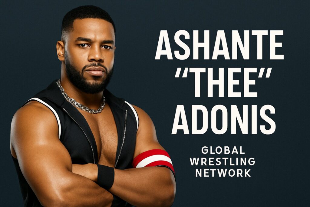Arms-crossed wrestler wearing chain and armband.