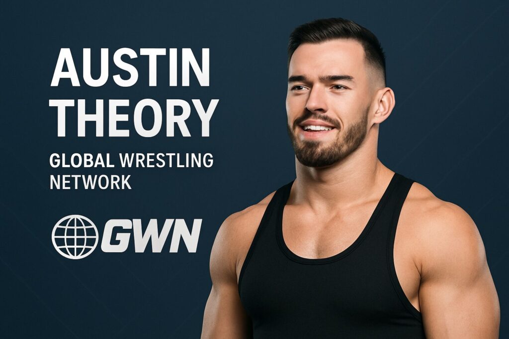 Smiling muscular man beside AUSTIN THEORY poster