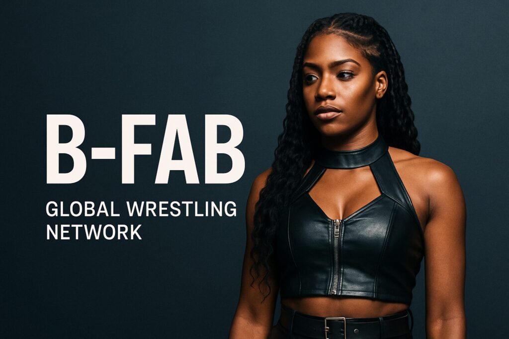 B-FAB text beside female wrestler wearing leather