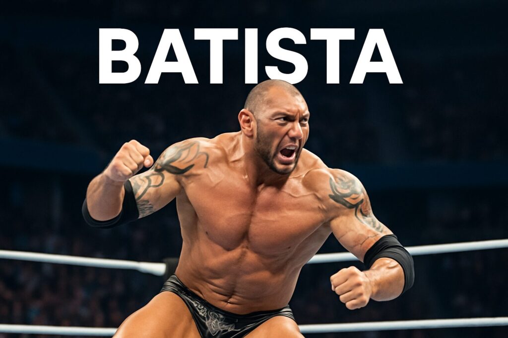 Tattooed wrestler roaring in ring, BATISTA