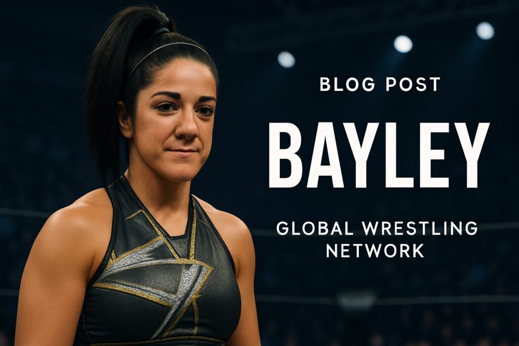 Female wrestler in black-and-gold gear.