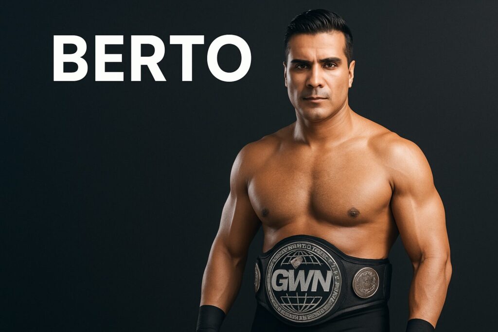 Shirtless athlete wearing GWN belt, BERTO text