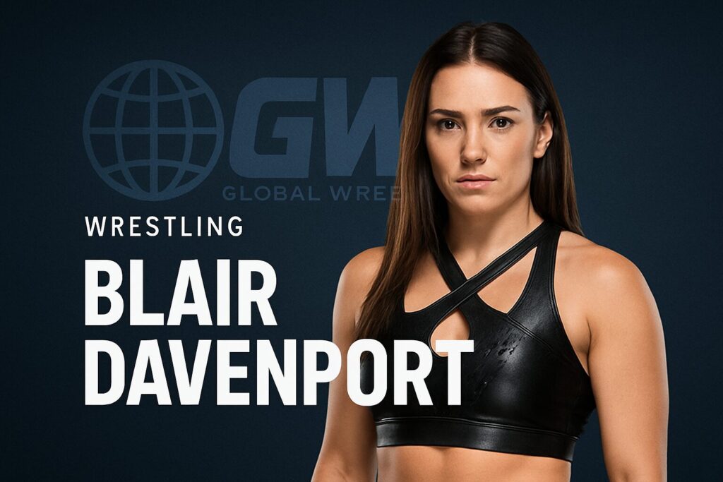 Female wrestler in black top, bold name