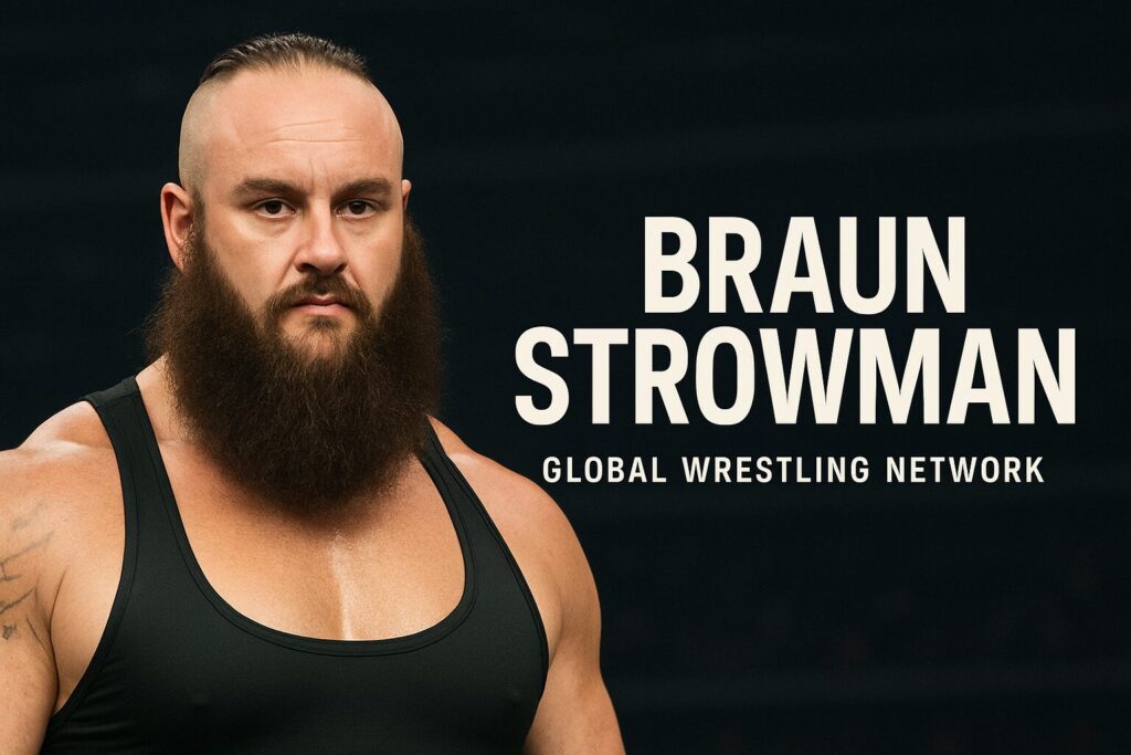Bearded muscular wrestler with shaved head.