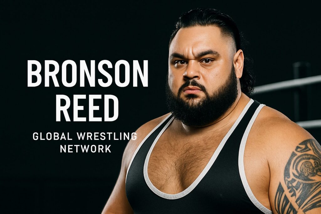 Bronson Reed text beside bearded wrestler