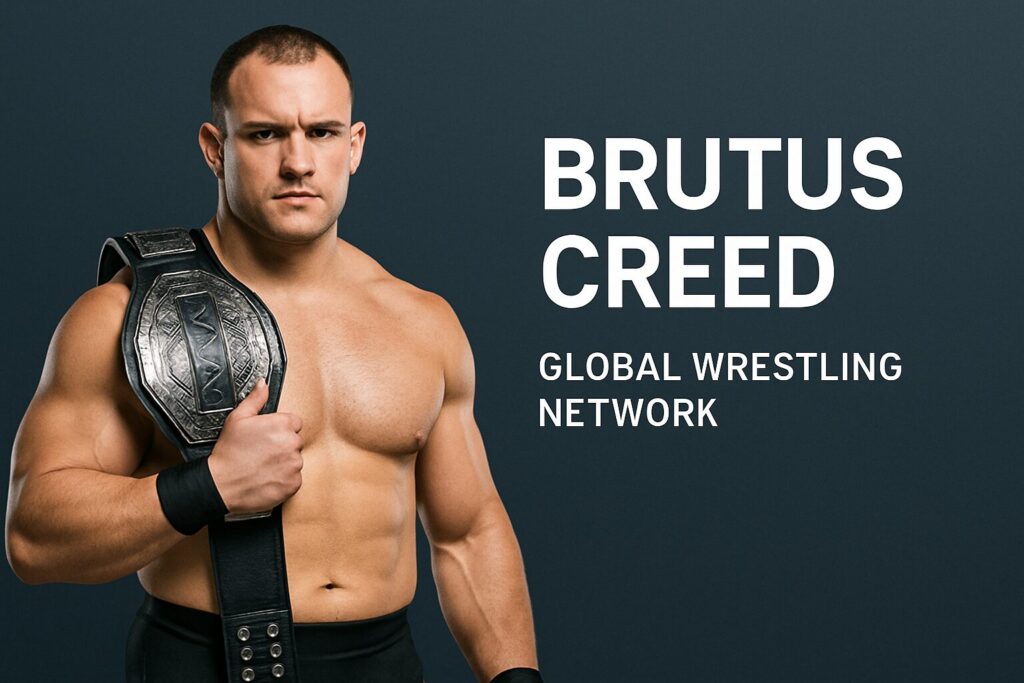 Muscular wrestler holding championship belt, promotional poster