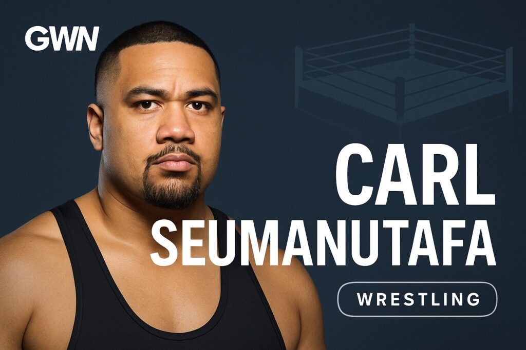 Male wrestler headshot with wrestling branding.