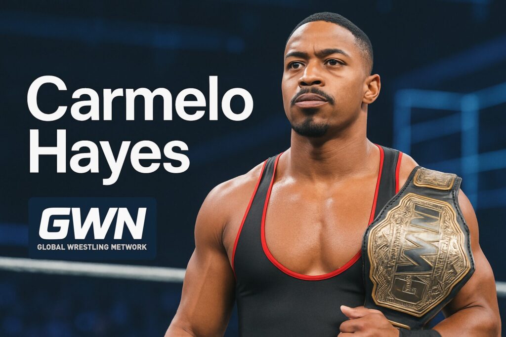 Muscular wrestler in singlet holding championship belt