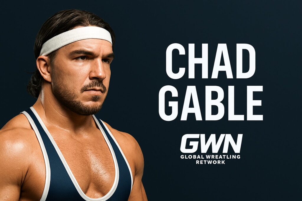 Muscular wrestler in singlet wearing white headband.