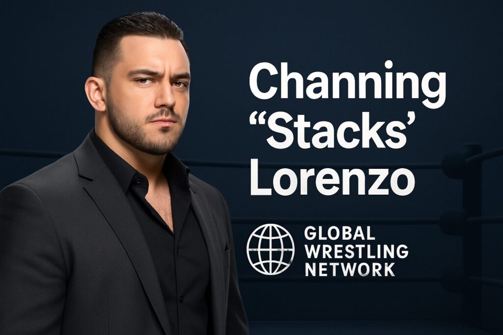 Bearded man in suit beside wrestling logo