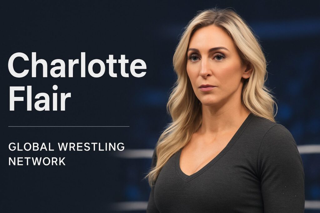 Serious blonde woman, promotional wrestling banner.