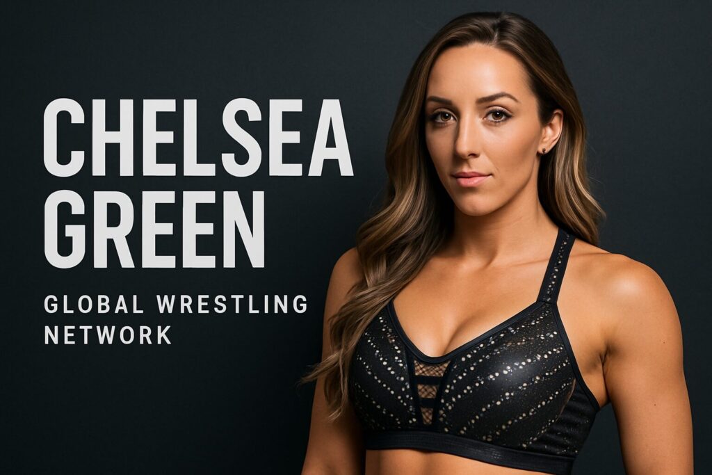 Athletic woman portrait beside wrestling network logo