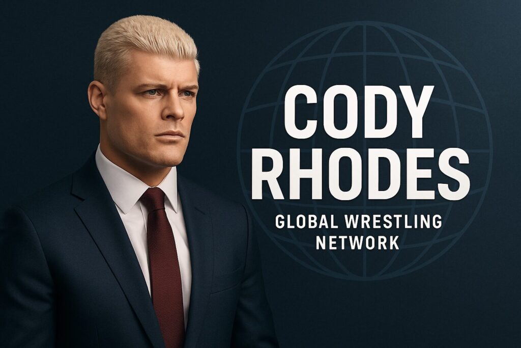 Blond man in suit beside "CODY RHODES" promotional text