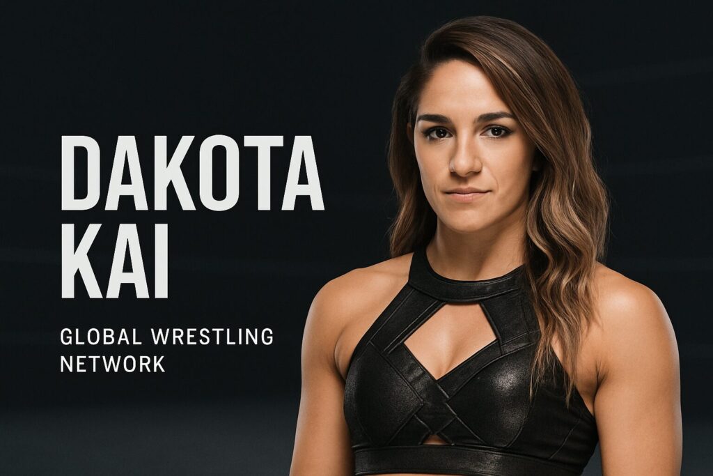 Female wrestler beside text DAKOTA KAI