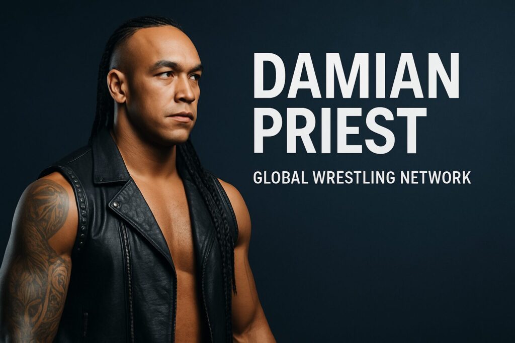 Braided wrestler wearing leather vest and tattoo