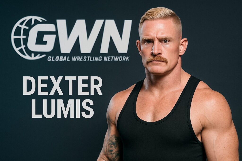 Blond mustached wrestler with GWN logo