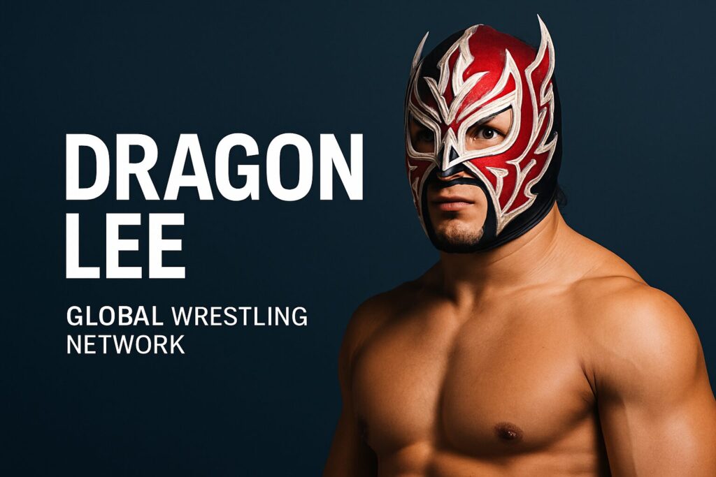 Shirtless wrestler wearing red dragon mask.