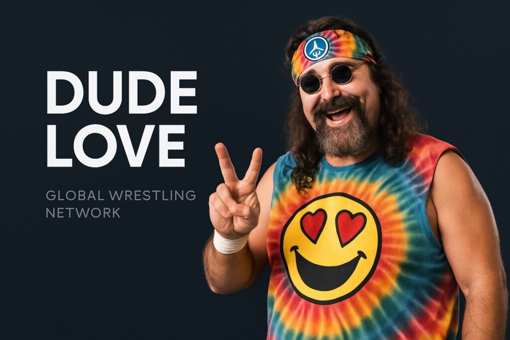 Bearded man in tie-dye flashing peace sign