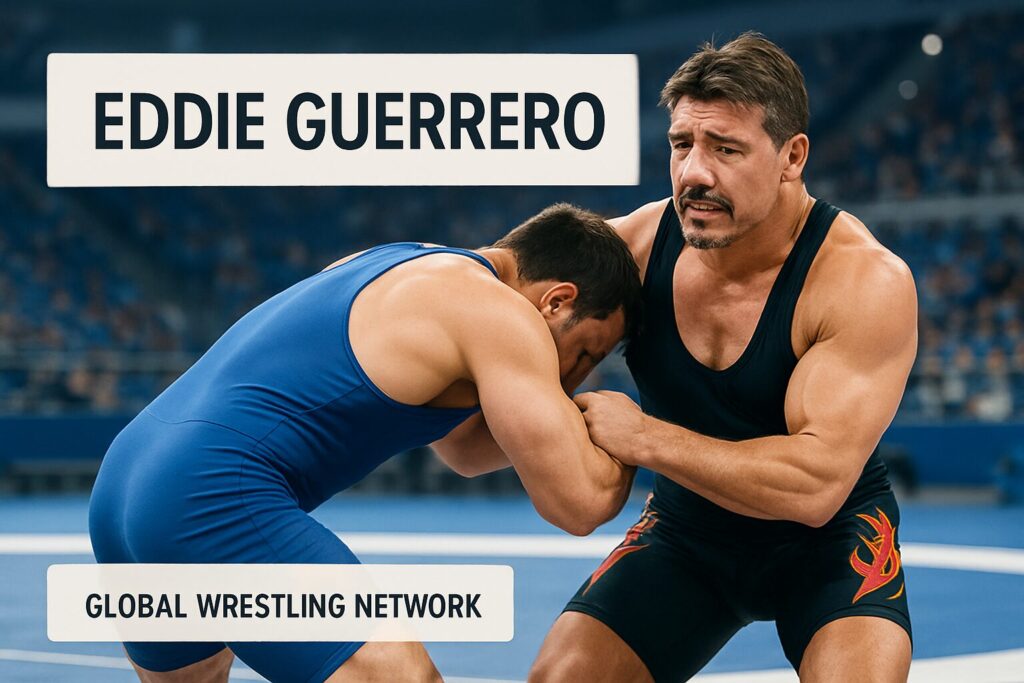 Two muscular wrestlers grappling, blue and black.