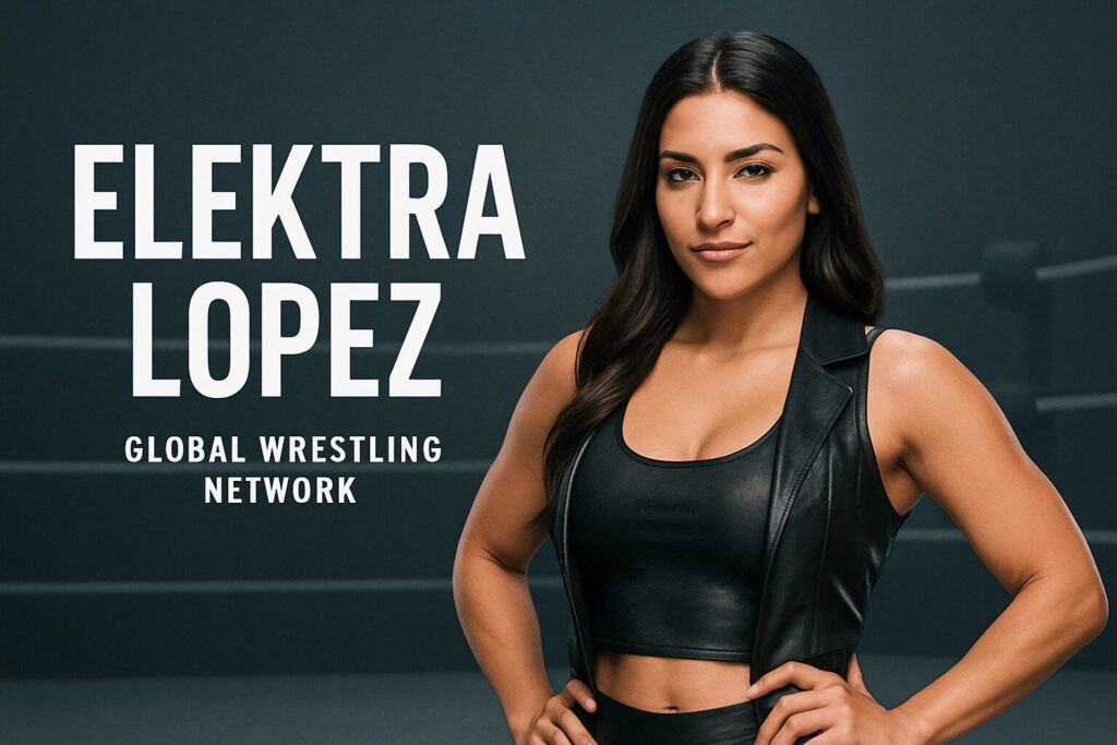 Woman wrestler in black vest, arms akimbo.
