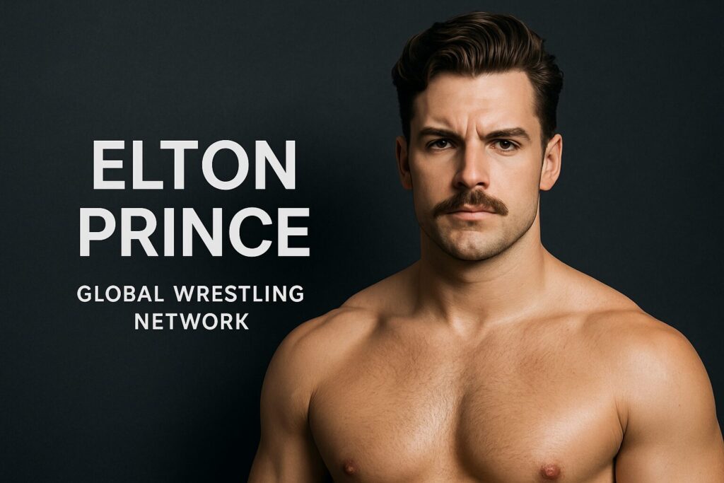 Shirtless mustached wrestler beside Elton Prince text