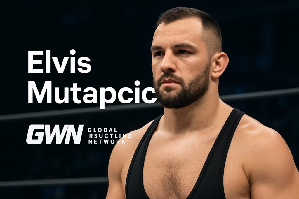 Wrestler in singlet with large name text