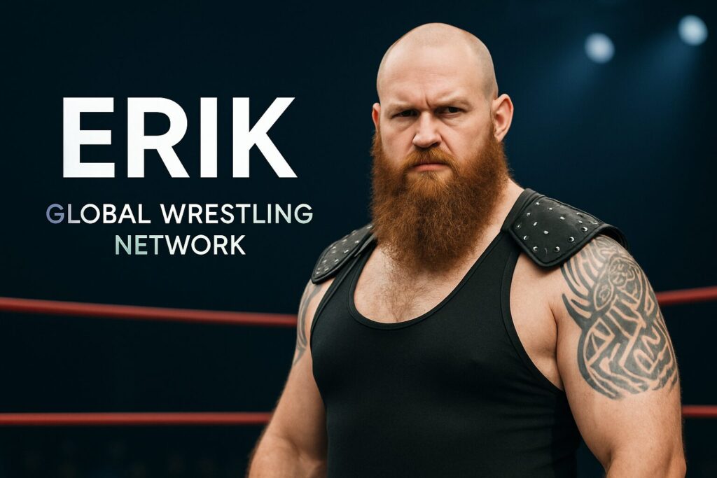 Bald bearded wrestler Erik with tattooed arm