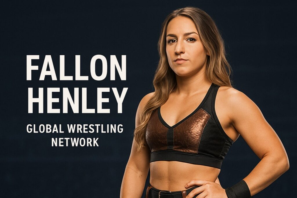 Female wrestler in black-bronze gear, promotional backdrop