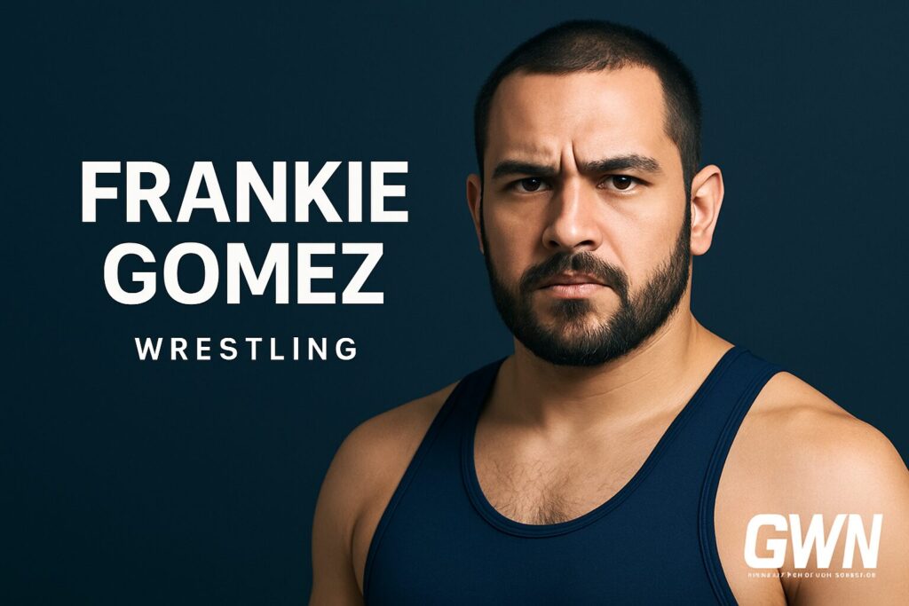 Bearded wrestler in blue singlet, promotional poster