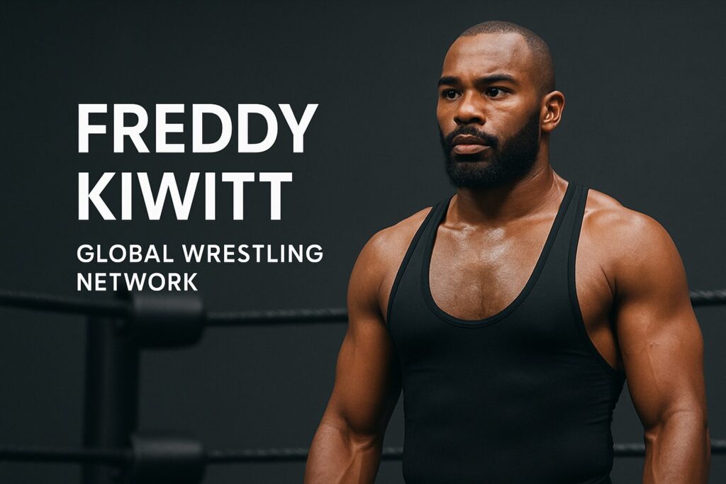 Muscular wrestler in singlet beside promotional text