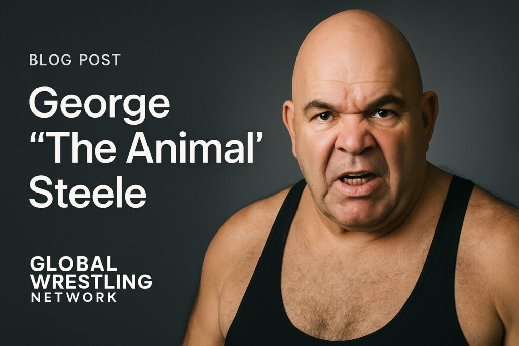Bald wrestler in black tank top, snarling.