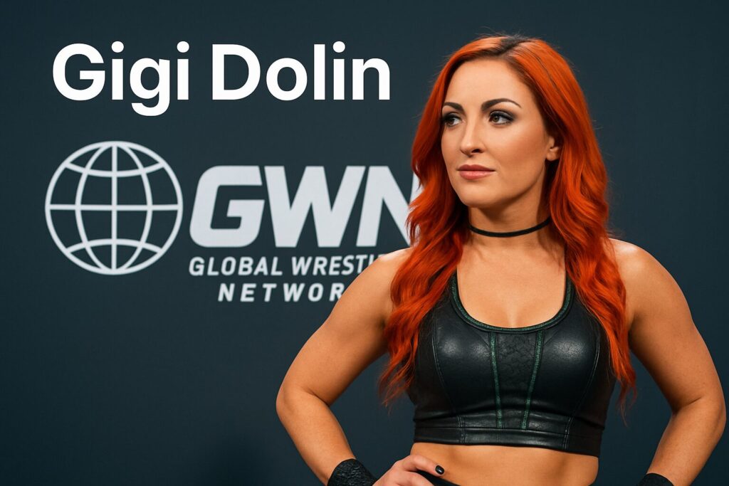 Red-haired woman in black leather top