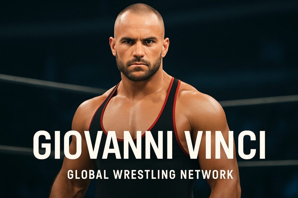 Muscular wrestler in singlet with name overlay