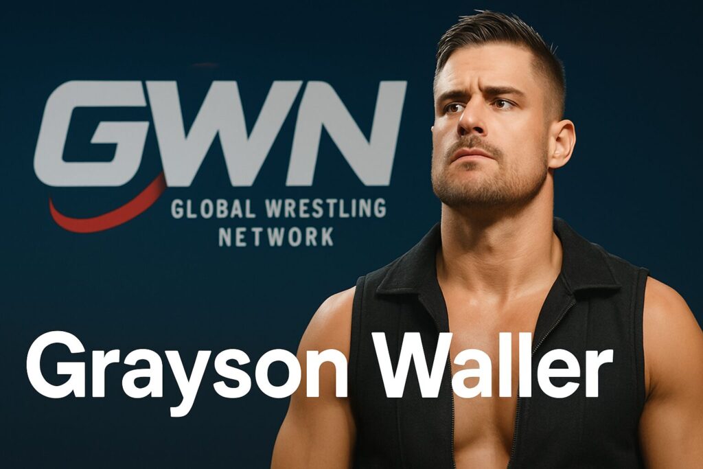 Serious muscular wrestler posing by GWN logo