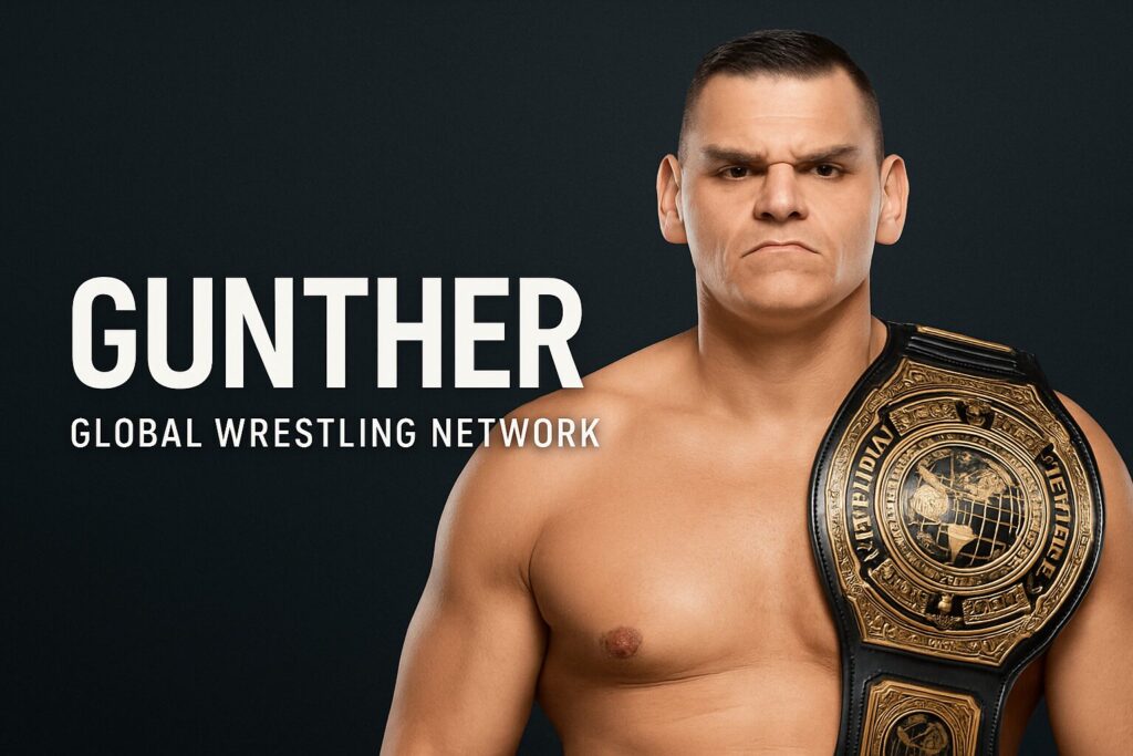 Stern wrestler wearing ornate championship belt