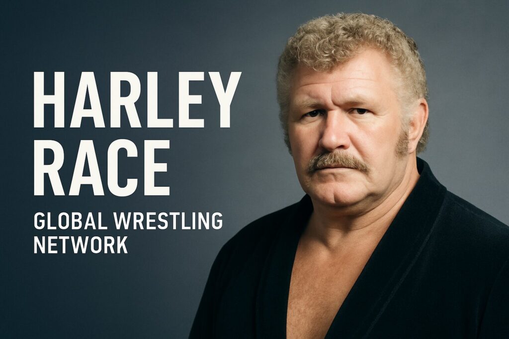 Stern mustached man with HARLEY RACE text
