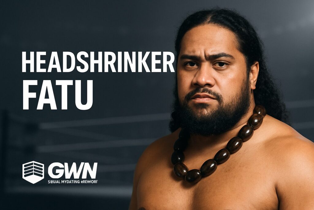 Stern shirtless wrestler wearing large beads