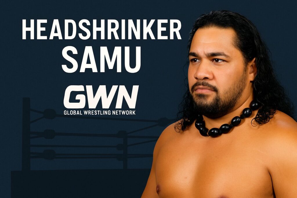 Bare-chested wrestler wearing black bead necklace