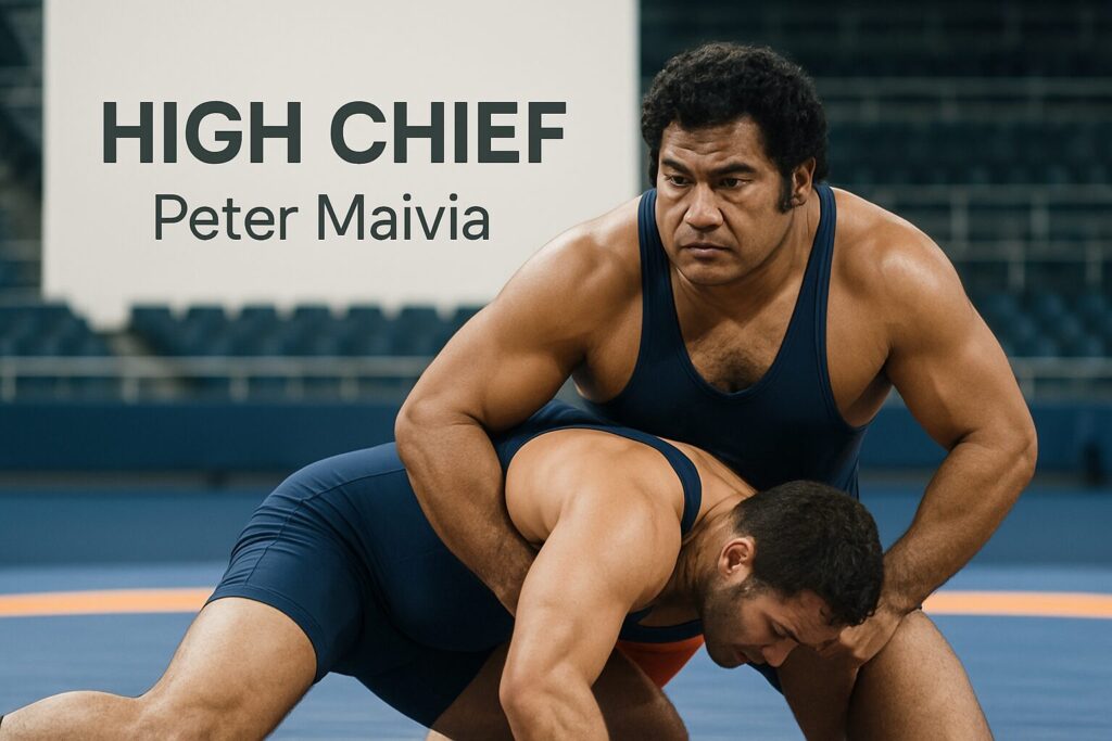 Wrestler labeled High Chief pinning opponent