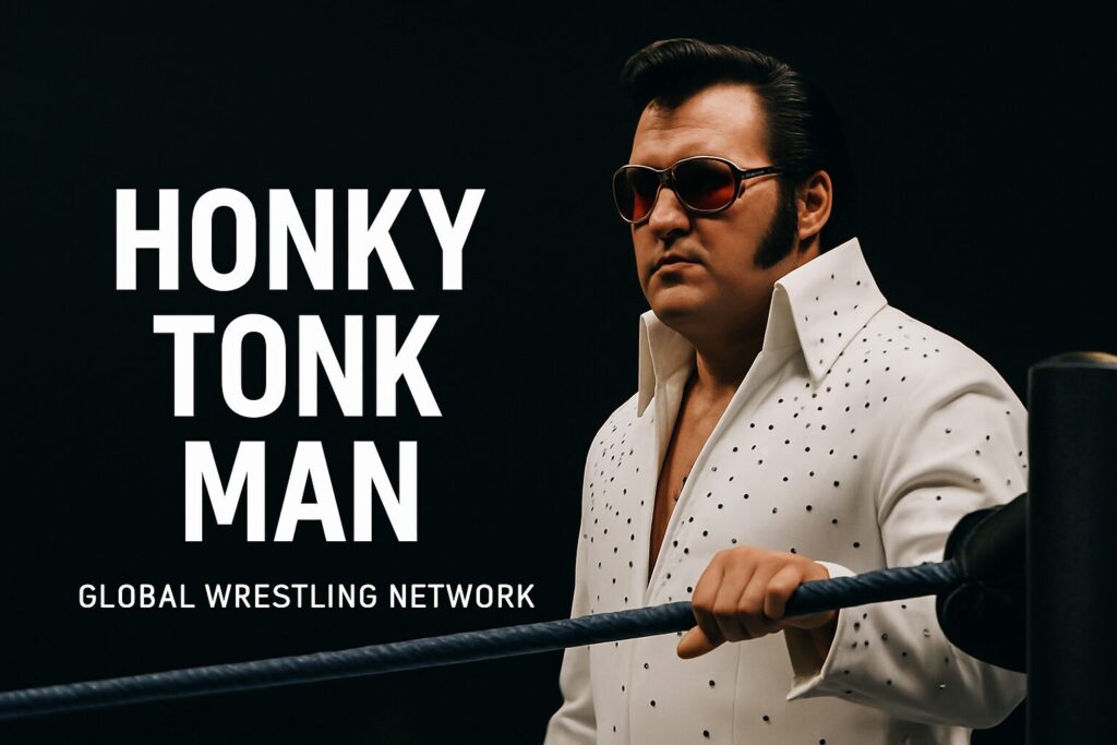Wrestler in rhinestone-studded white jumpsuit and sunglasses.