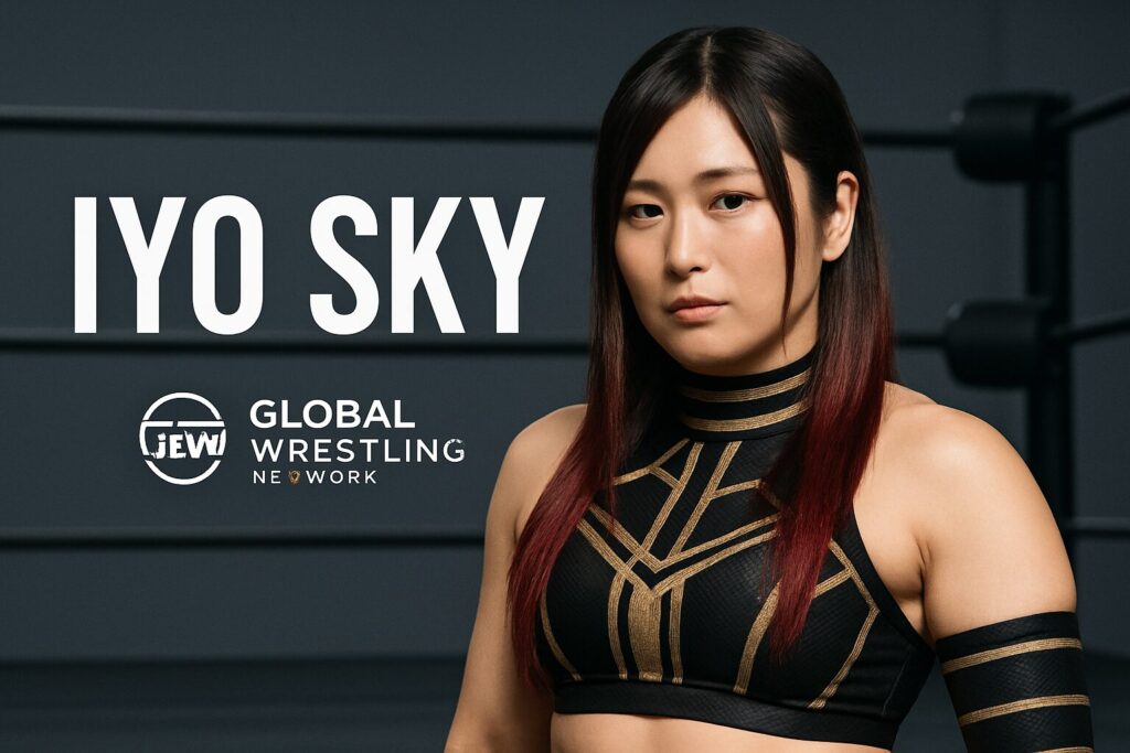 Female wrestler in black-gold gear in ring