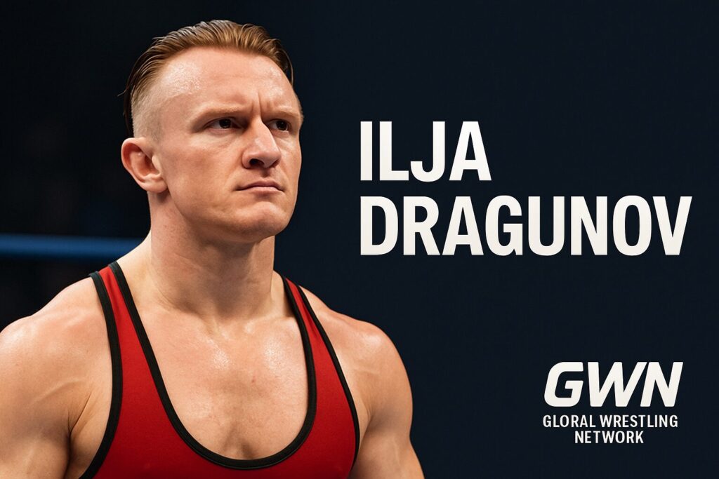 Stern male wrestler in red singlet