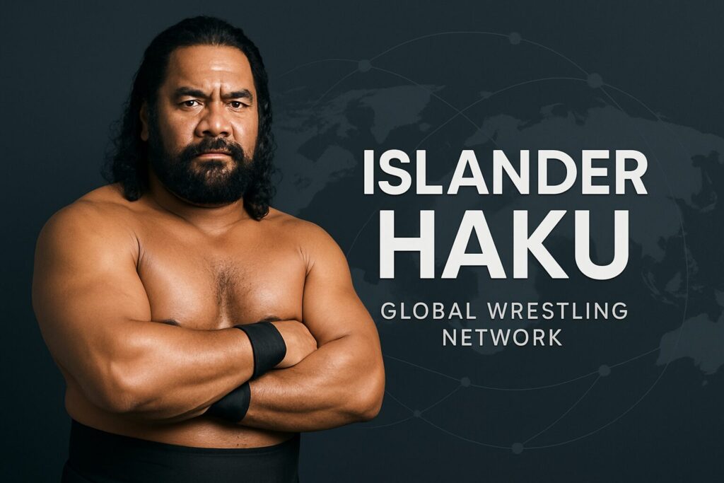 Muscular shirtless wrestler beside Islander Haku text