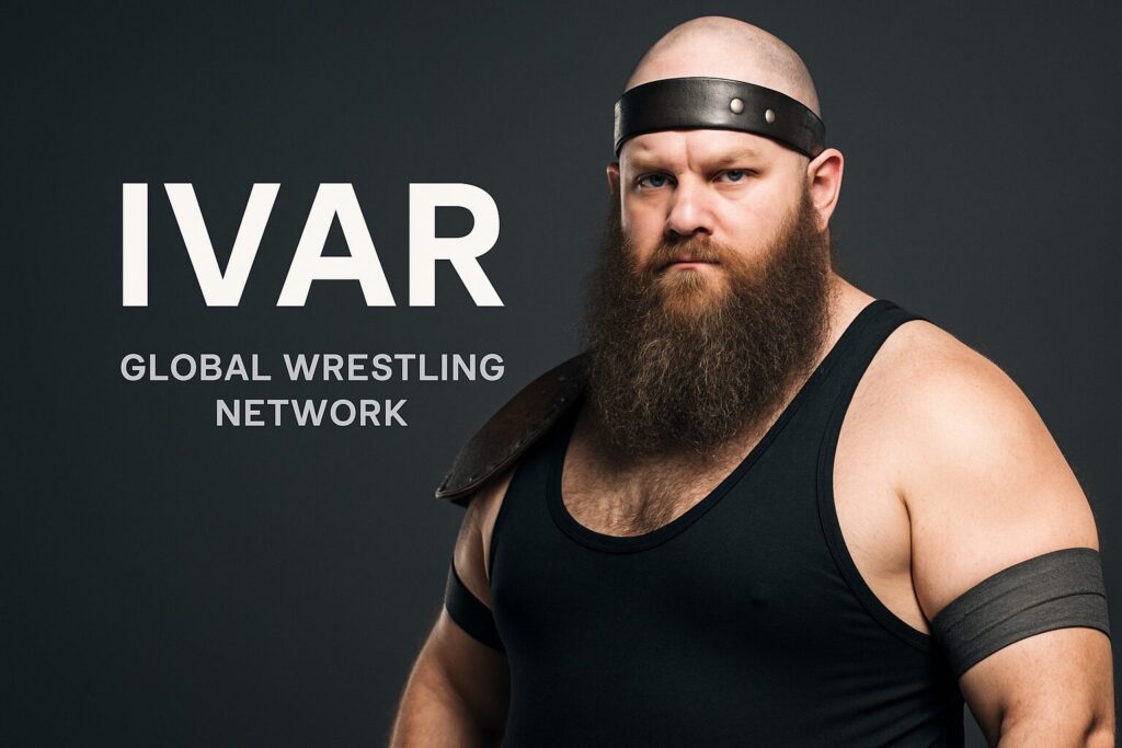 Bald bearded wrestler wearing headband, IVAR poster